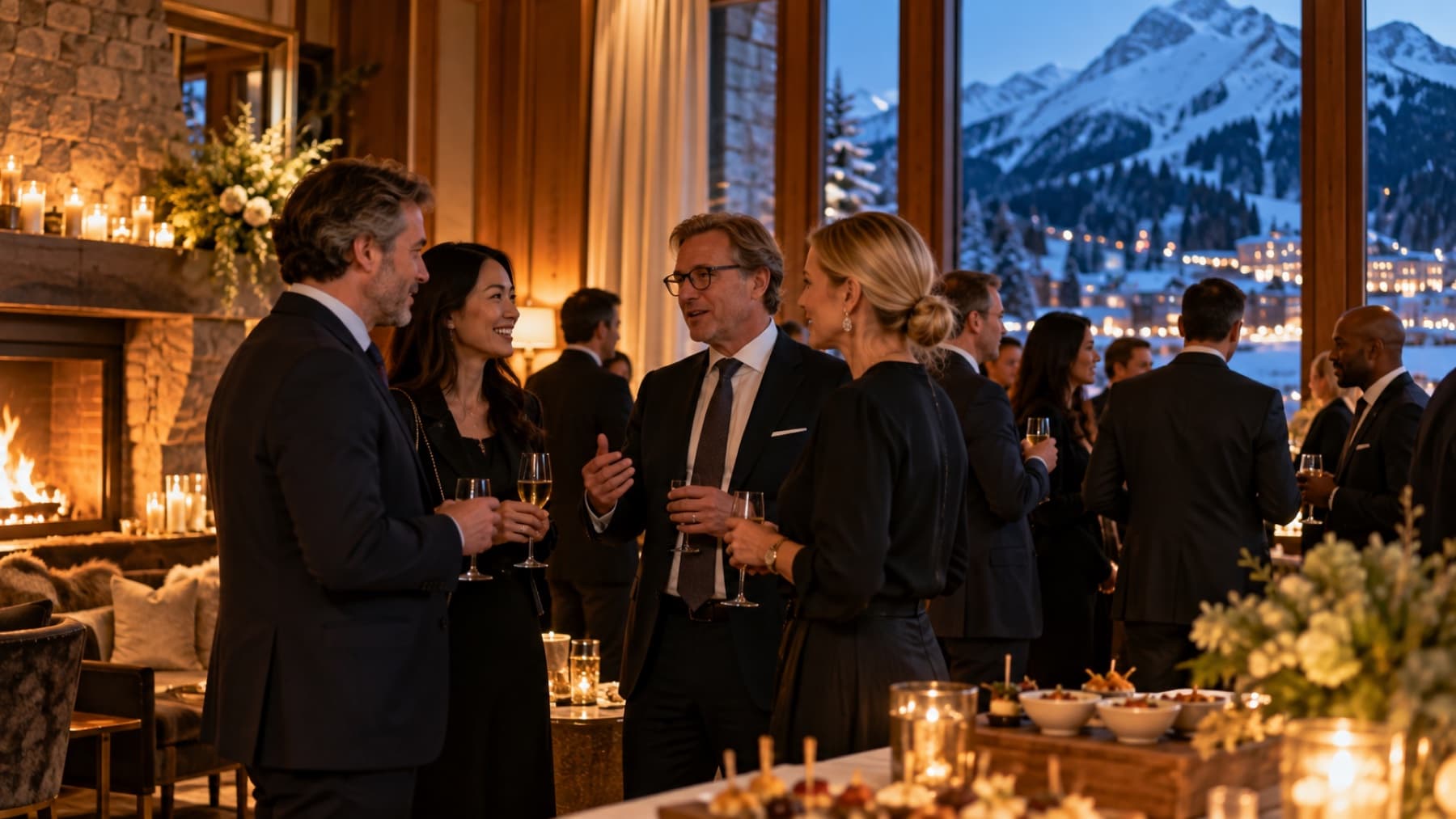 Guests connecting at an evening reception in Davos